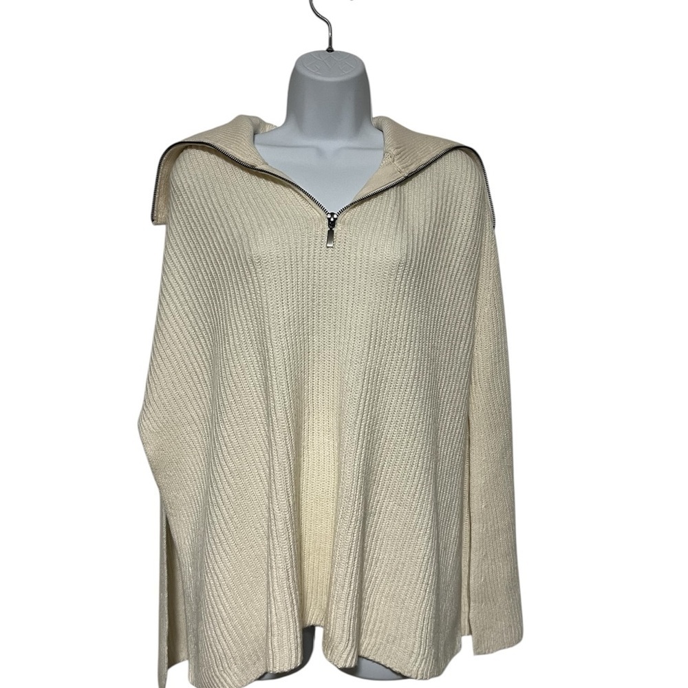 JJill Oversized Cotton Knit Poncho Ivory Size Small-Large Quarter Zip Cape